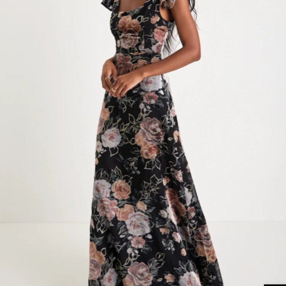 Lulu's Black Floral Velvet Dress